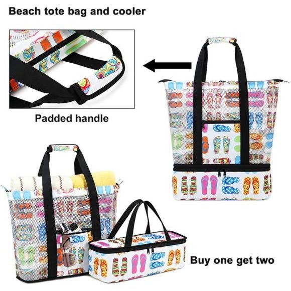 MESH Beach Tote Bag with Cooler Insulated Detachable Pool Bags White - Picture 6 of 6